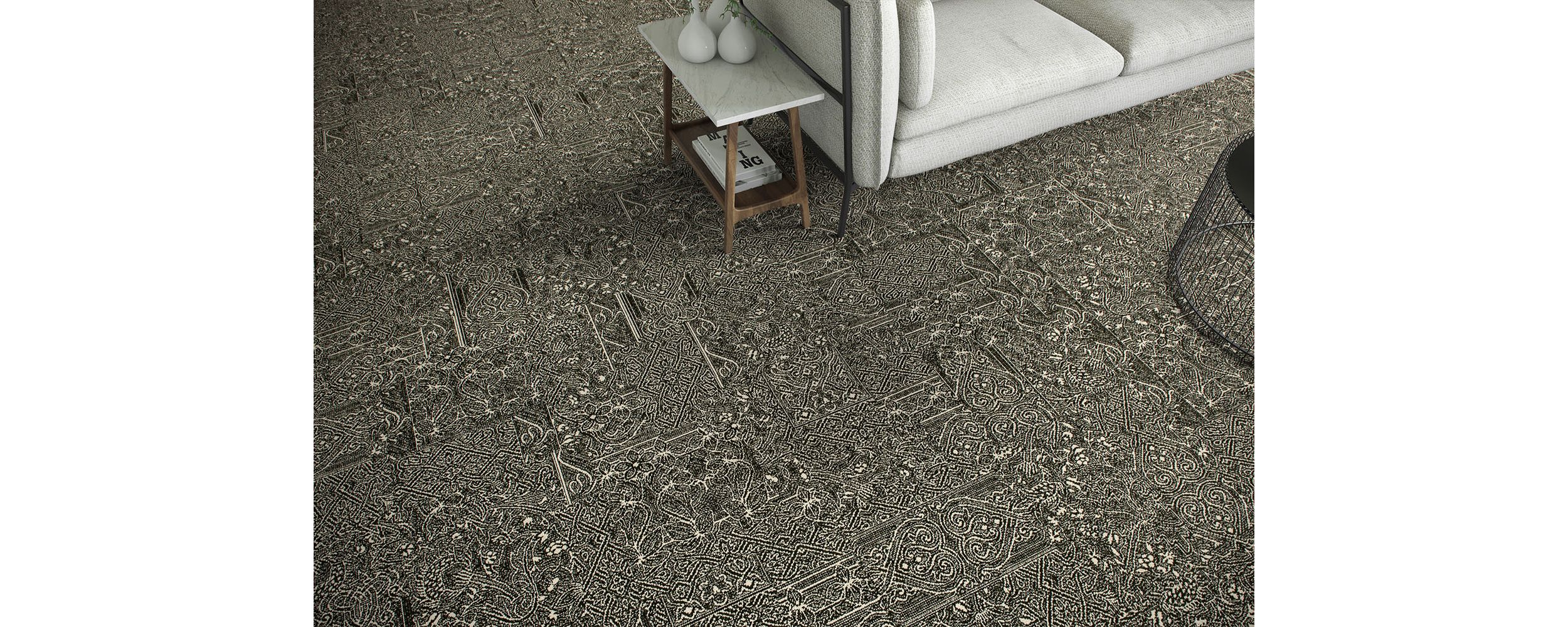 Detail of Interface DL924 carpet tile with couch and end table with vases image number 3